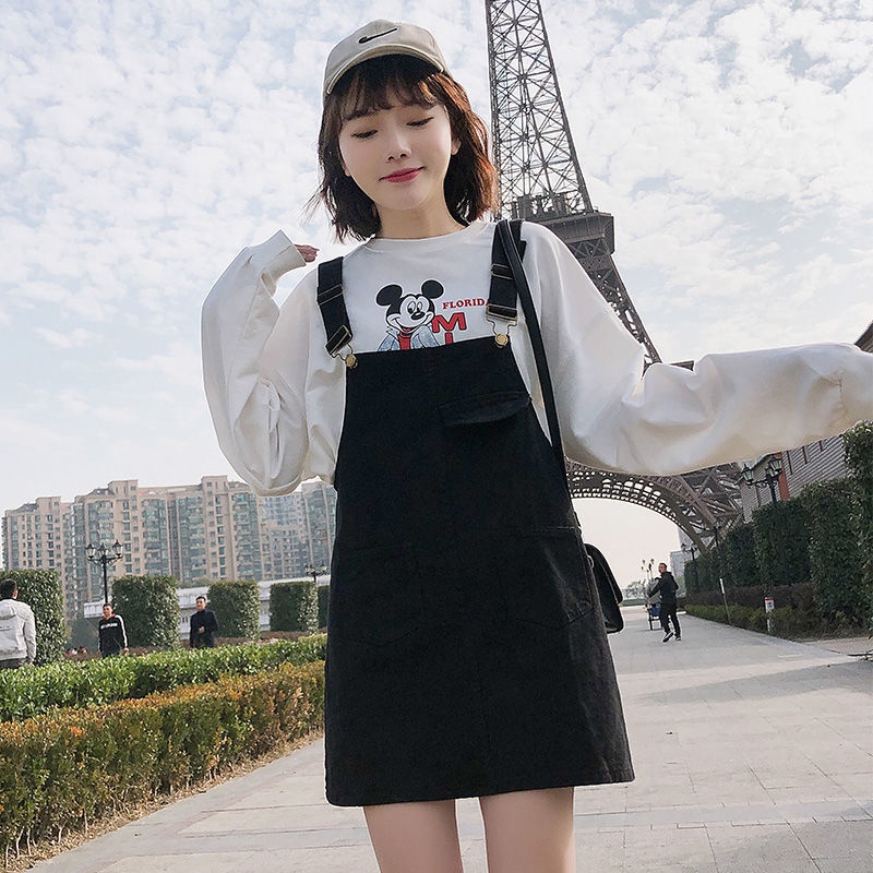 Đầm Yếm Denim Đen Dáng Rộng Phong Cách Hàn Quốc Thời Trang Xuân Hè Cho Nữ