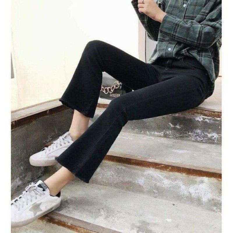 QUẦN BÒ ỐNG LOE LƯNG CAO MÀU ĐEN TRƠN,QUẦN JEAN GIẤY ỐNG VẨY 9 TẤC