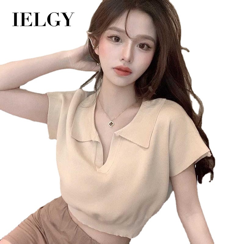 Áo thun IELGY kiểu ngắn dáng rộng cổ polo màu trơn phong cách Hong Kong cho nữ