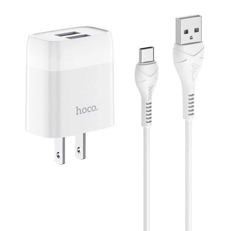 Sạc nhanh Hoco C73 USB to Type-C sạc nhanh 2.4A, cổng sạc 2 cổng, kèm dây cáp dẻo chống gập dài 1m