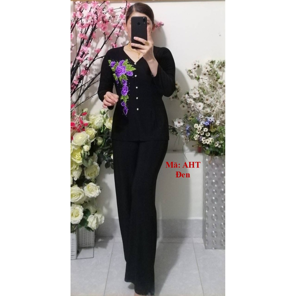Bộ BB (Áo Bà Ba Hoa Tím + Quần Đen Rộng) | BigBuy360 - bigbuy360.vn