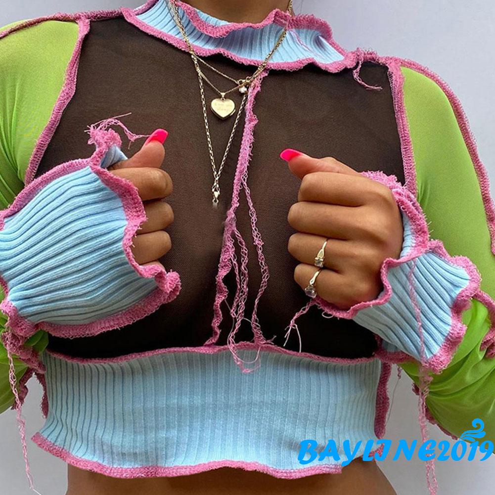 Áo Crop Top Xuyên Thấu Tay Dài Cho Nữ