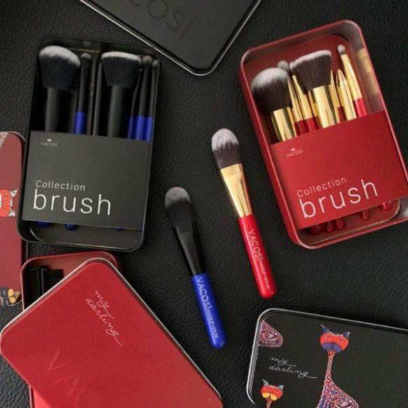 Hàng Hàn- Bộ cọ hộp sắt 8 cây Vacosi Makeup House Đen và Đỏ