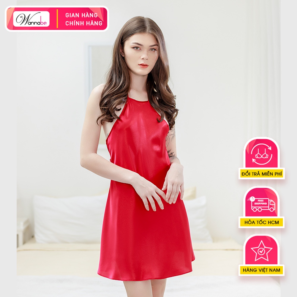 Đầm ngủ phi lụa cao cấp Wannabe DNS32 cổ yếm, hở lưng thắc dây ziczac lạ mắt