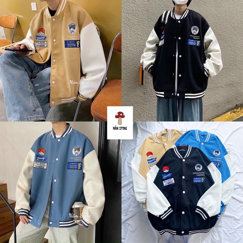 Áo khoác bomber in hình phối tay trắng unisex form rộng style ulzzang - Áo khoác bóng chày màu đen, nâu, xanh