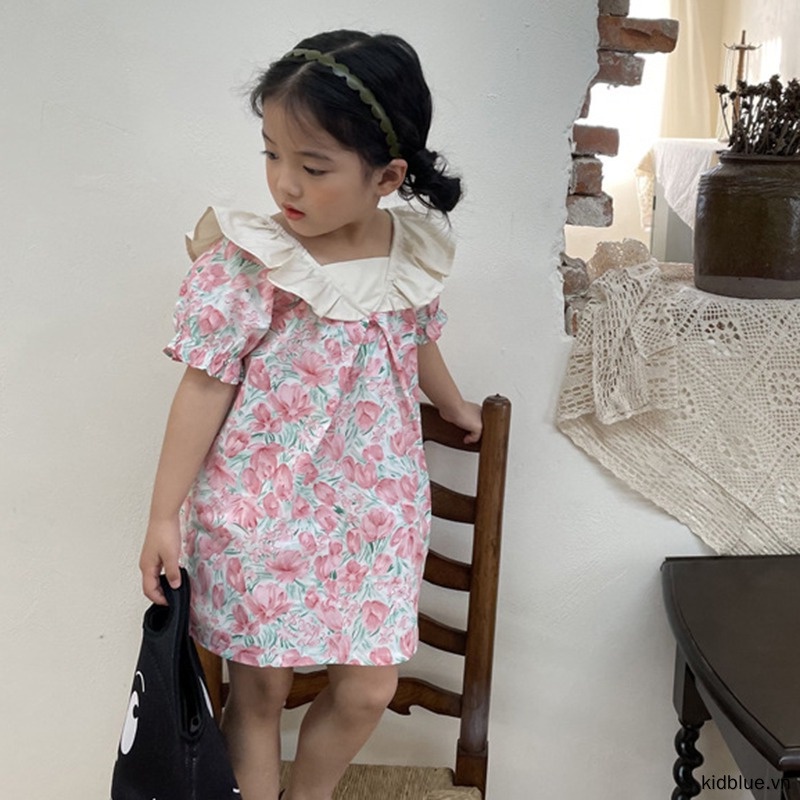 Đầm Công Chúa Tay Ngắn Cổ Búp Bê In Họa Tiết Hoa Thời Trang Mùa Hè Hàn Quốc Cho Bé Gái