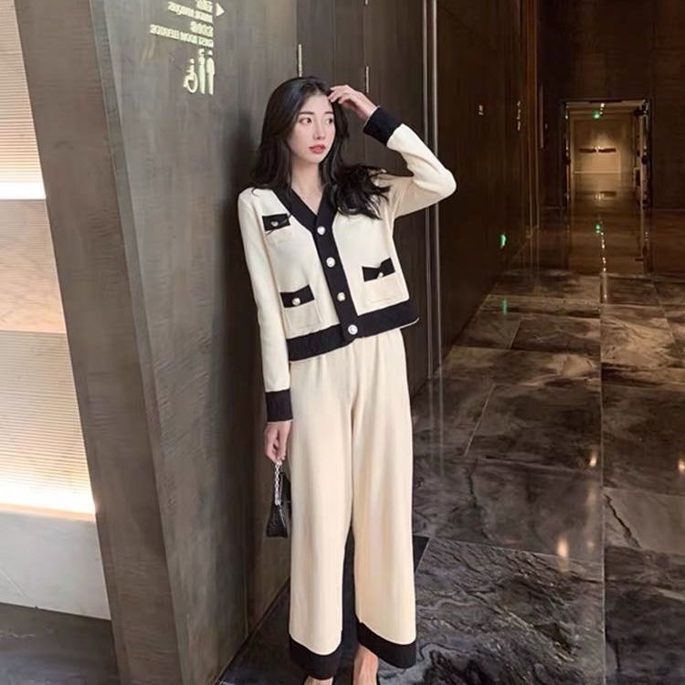 Set đồ hai mảnh gồm áo khoác cardigan dệt kim và quần dài ống rộng thời trang xuân thu cho nữ