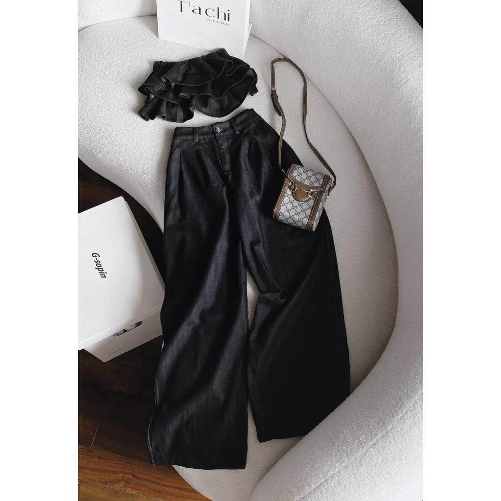 SET ÁO ỐNG TẦNG ĐEN CÚP NGỰC BO CHUN + QUẦN ĐEN SUÔNG (TH)