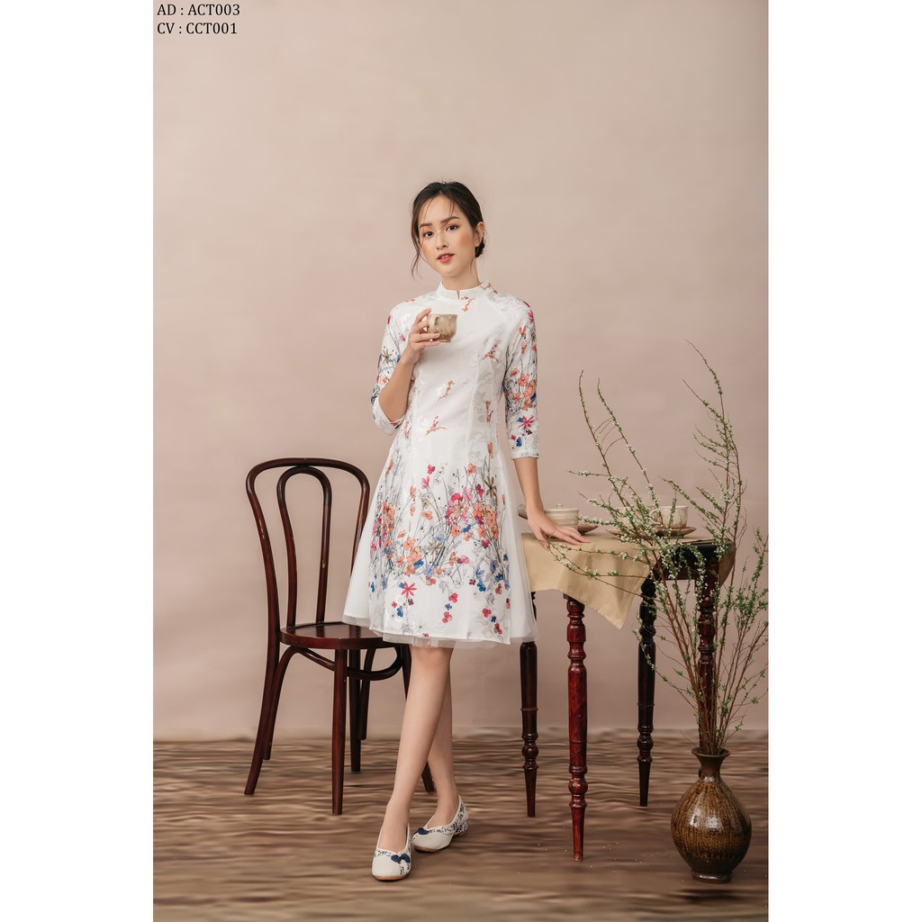 Áo dài gấm hoa cỏ cổ tàu (không kèm chân váy) TIIN STORE ACT003
