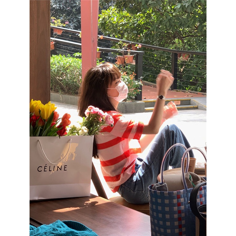 Áo Thun Len Mỏng Tay Ngắn Dáng Rộng Thoáng Khí Họa Tiết Kẻ Sọc Hàng Mới Cho Nữ