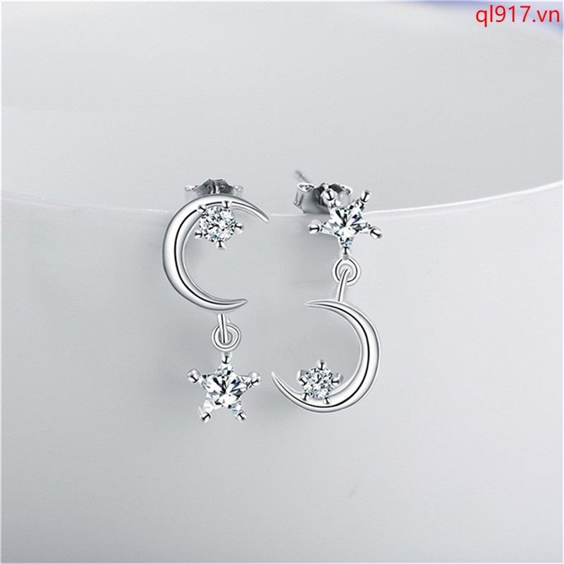 Bông Tai Bạc S925 Hình Mặt Trăng Ngôi Sao Bạc Không Đối Xứng Cho Nữ