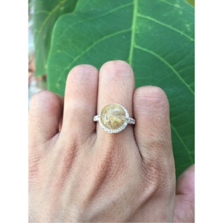 Nhẫn đá thạch anh tóc vàng 10li bọc bạc ta nguyên chất