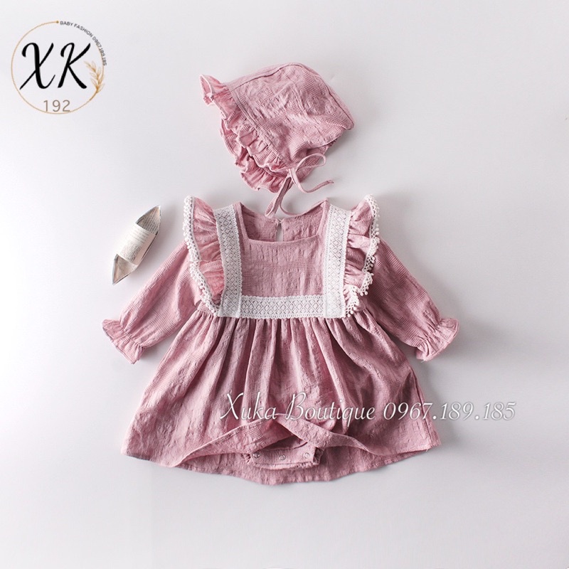 Bodysuit Dài Tay Giả Váy Kèm Mũ Tiểu Thư Cổ Ren Cánh Tiên Cao Cấp Bé Gái