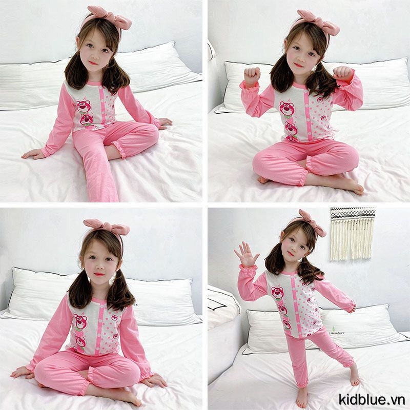 Bộ Đồ Ngủ Tay Dài Vải Cotton Phối Nút In Hoạt Hình Dễ Thương Cho Bé