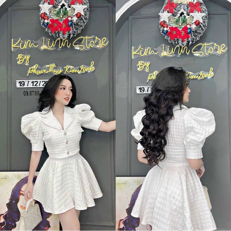 Set áo cổ vest chân váy xòe