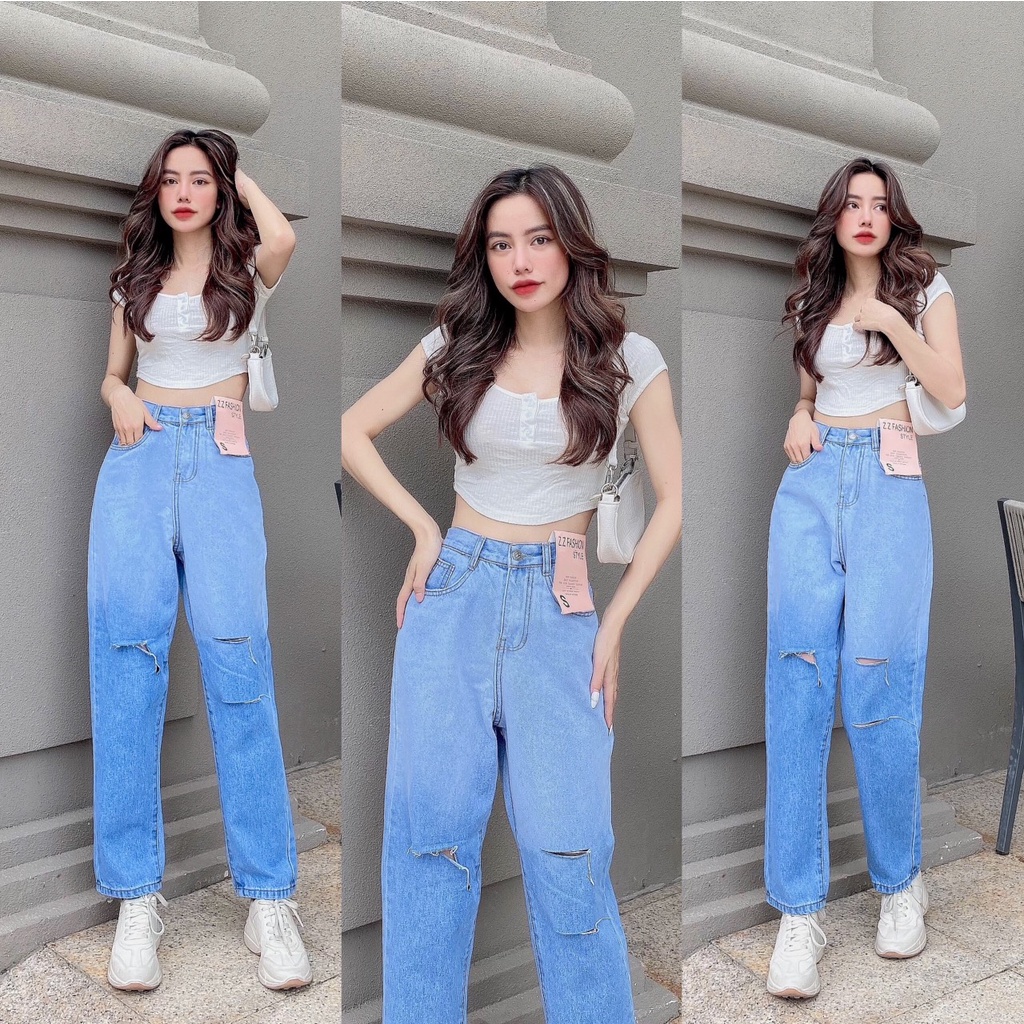 Quần jean nữ dáng baggy xước rách ống hai màu, vải mềm không co giãn, không phai màu. hack eo thon, tôn dáng.
