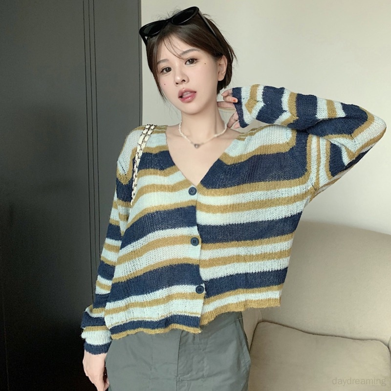 Áo Khoác Cardigan Dệt Kim Tay Dài Họa Tiết Kẻ Sọc Thời Trang Cho Nữ