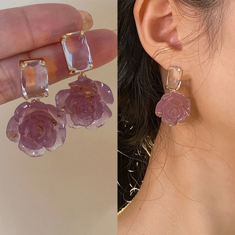 Bông Tai Hình Hoa Hồng Đính Pha Lê Xinh Xắn