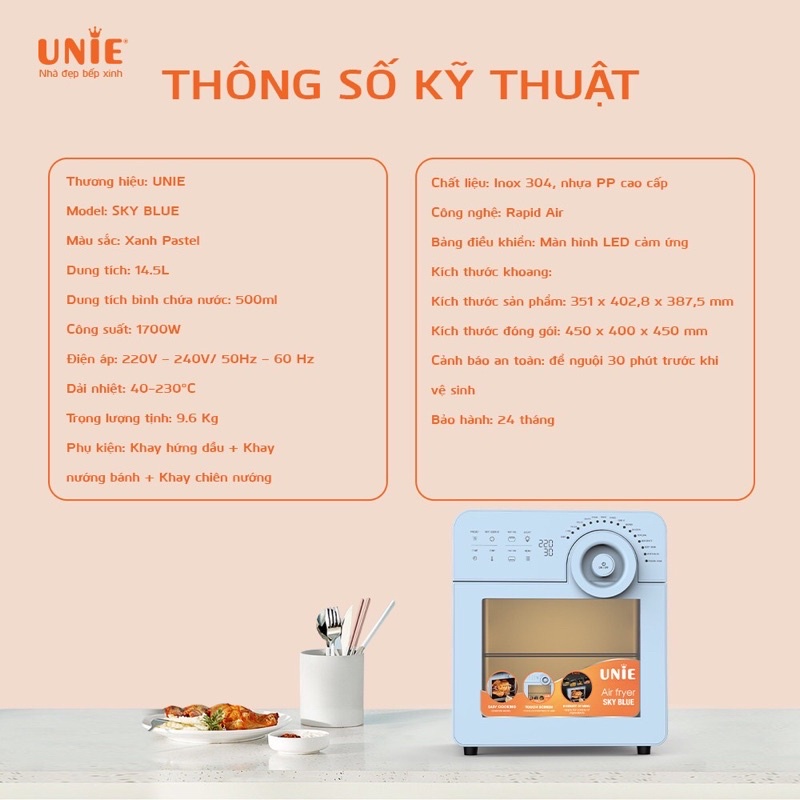 [Chính Hãng] Nồi chiên không dầu 14,5 lít đa năng cao cấp UNIE BLUESKY, lỗi 1 đổi 1, bảo hành 24 tháng toàn quốc