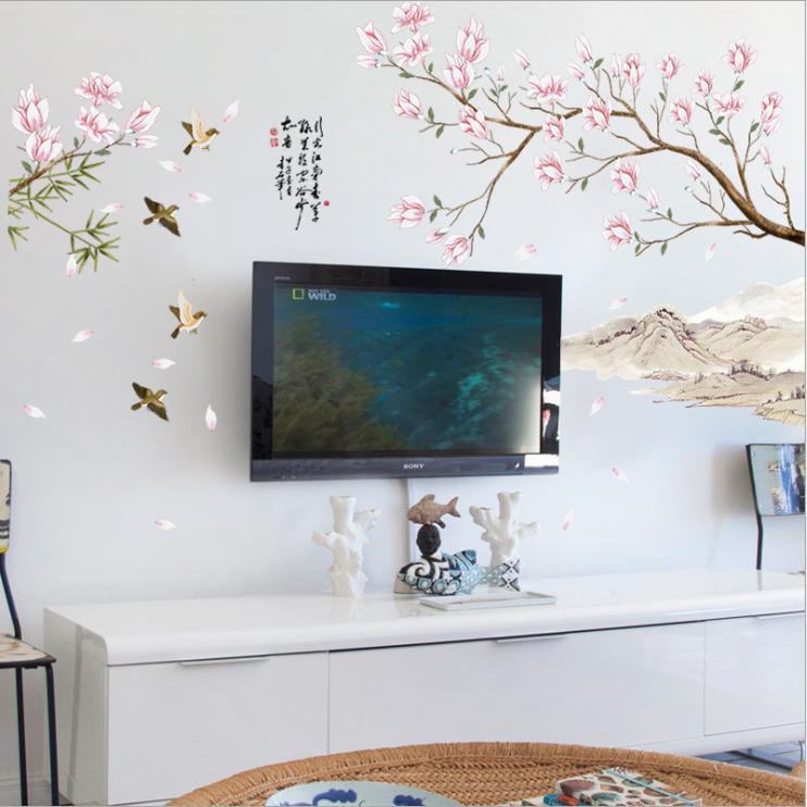 Decal dán tường trang trí phòng ngủ phong cách cổ điển Tranh thủy mặc 3 - decal cành đào amyshop