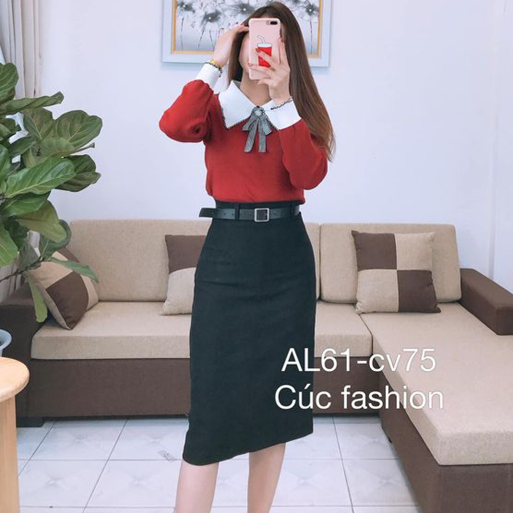 Áo len nữ cổ nơ cao cấp xinh Cúc Fashion L32 áo len cổ nhọn viền đen | BigBuy360 - bigbuy360.vn
