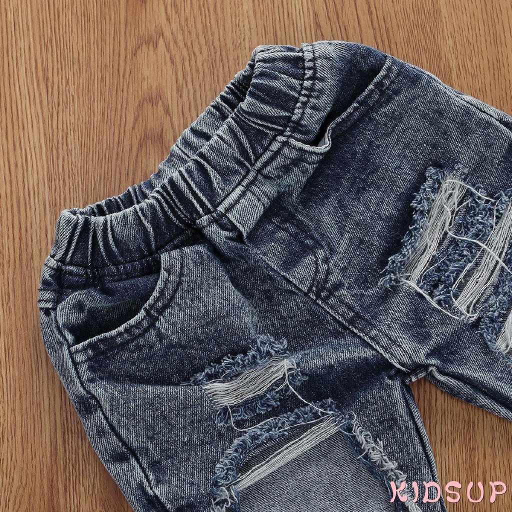 Bộ áo kiểu nhún bèo + quần denim rách thời trang hè cho bé gái