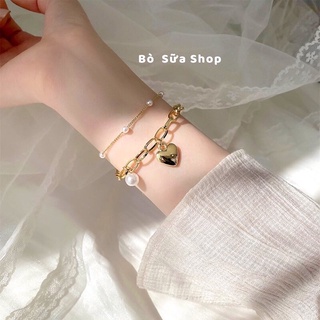 Vòng tay kim loại vintage sang chảnh dây xích đơn dây đôi đính charm trái tim xinh xắn