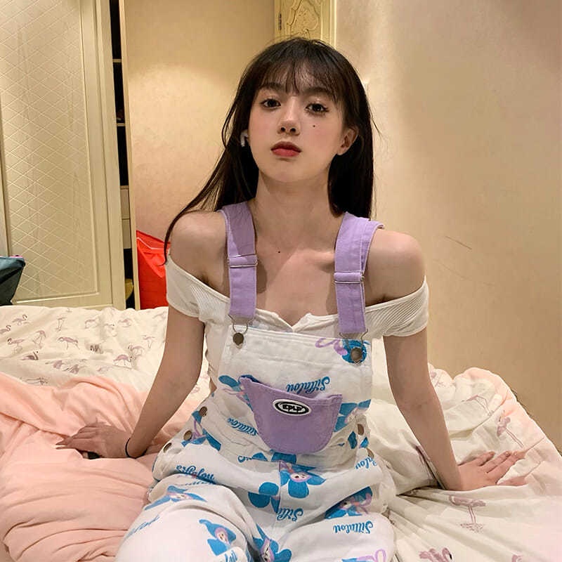 Jiashucheng Quần Yếm Denim Lưng Cao Ống Rộng Thời Trang Đường Phố Cá Tính Cho Nữ