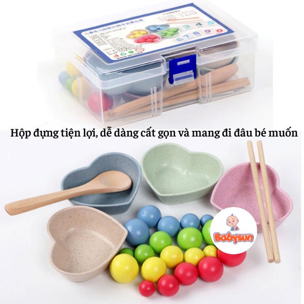 Đồ Chơi Gắp Bi Gỗ- Giáo Cụ Montessori Luyện Vận Động Tinh, Sự Khéo Léo, Tập Trung Cho Bé