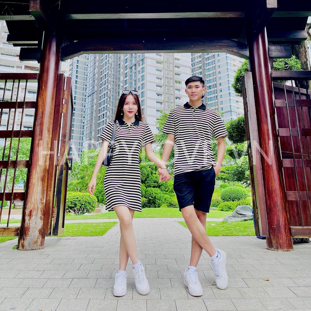 Đồ đôi nam nữ Set Couple Đầm nữ Áo nam kẻ sọc ngang hàng Quảng Châu cao cấp HAPPYLOVE, Set đồ đôi Áo nam Váy nữ mã H23
