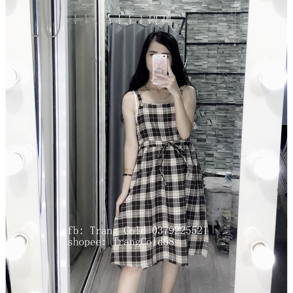 Yếm kẻ ulzzang thắt nơ eo ( ảnh thật shop tự chụp)