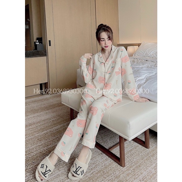 Bộ pijama mặc nhà áo dài quần dài chất đũi xốp hoạ tiết hàng thiết kế cao cấp