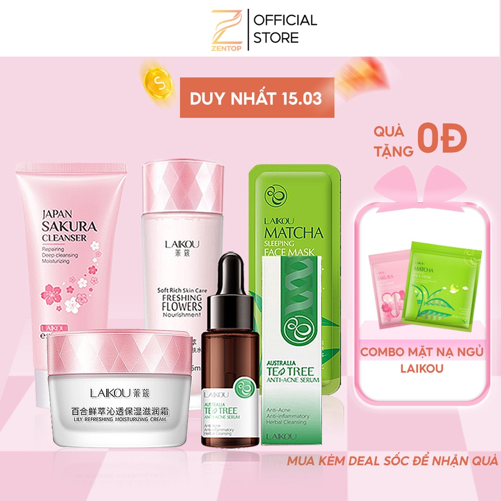 Bộ dưỡng da chuyên sâu đầy đủ Laikou sữa rửa mặt toner serum kem dưỡng da mặt nạ giúp da sáng mịn chắc khỏe Zentop