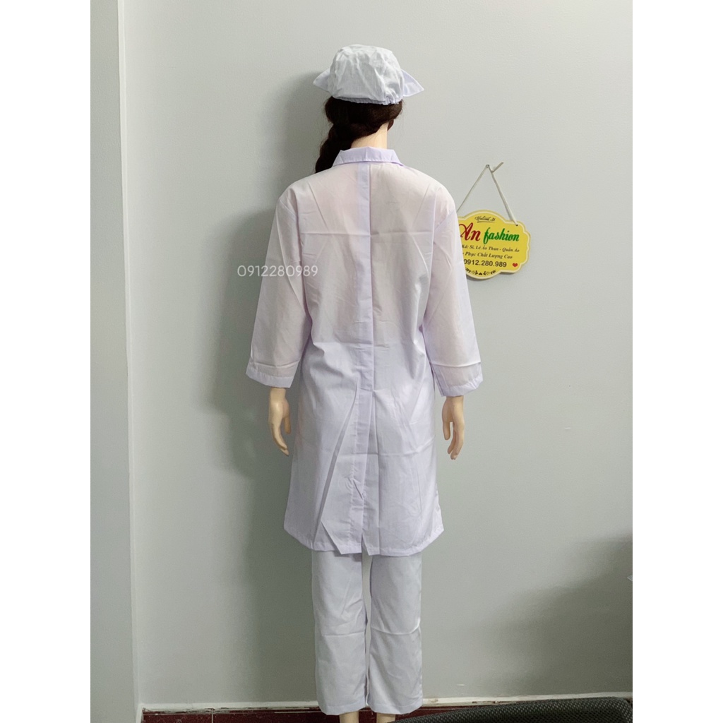 Áo Blouse, Áo y tế nữ dài tay dáng dài có 2 túi xéo phía trước _ Hình chụp thật