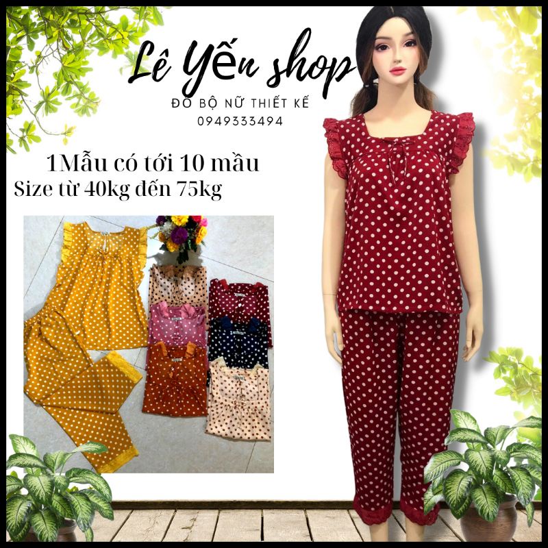 Bộ mặc nhà nữ chấm bi phối ren lụa mango siêu mát quần 9 tấc, đồ bộ nữ mặc nhà