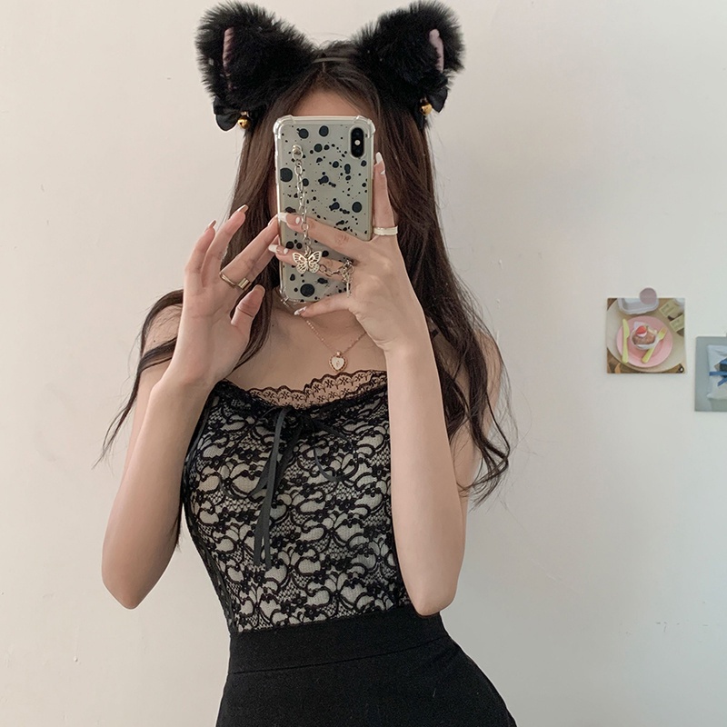 LD-Women’s Fashion Solid Color Lace Camisole Sexy Square Collar Exposed Navel Suspender Tops
