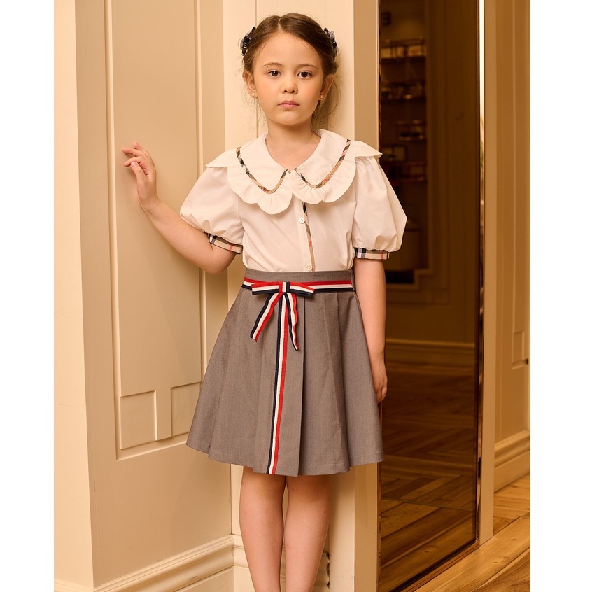 Chân váy xếp ly chữ A bé gái thiết kế 137Kids phối kẻ cạp lưng chun co giãn