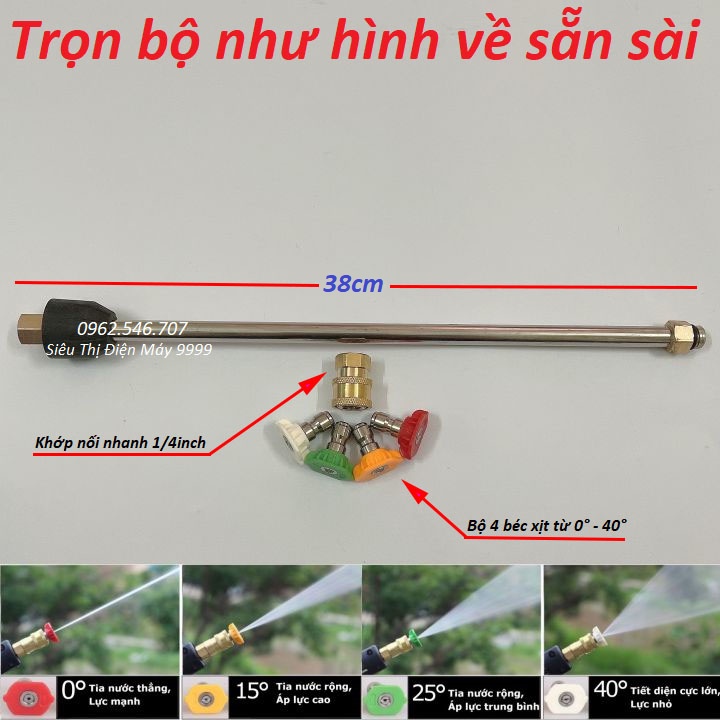 Ống nối dài súng rửa xe áp lực cao Kèm Bộ 4 Béc phun từ 0°- 40° và khớp nối nhanh Ren 14mm
