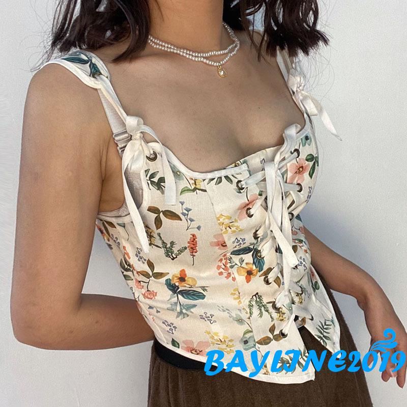 BAY-Women´s Sleeveless Floral Pattern Vest, Tie-Up Bandages Basic Tops, Irregular Hem Vintage Camisole