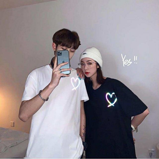 Áo Thun Phản Quang Unisex tay lỡ Trái Tim dạng cặp