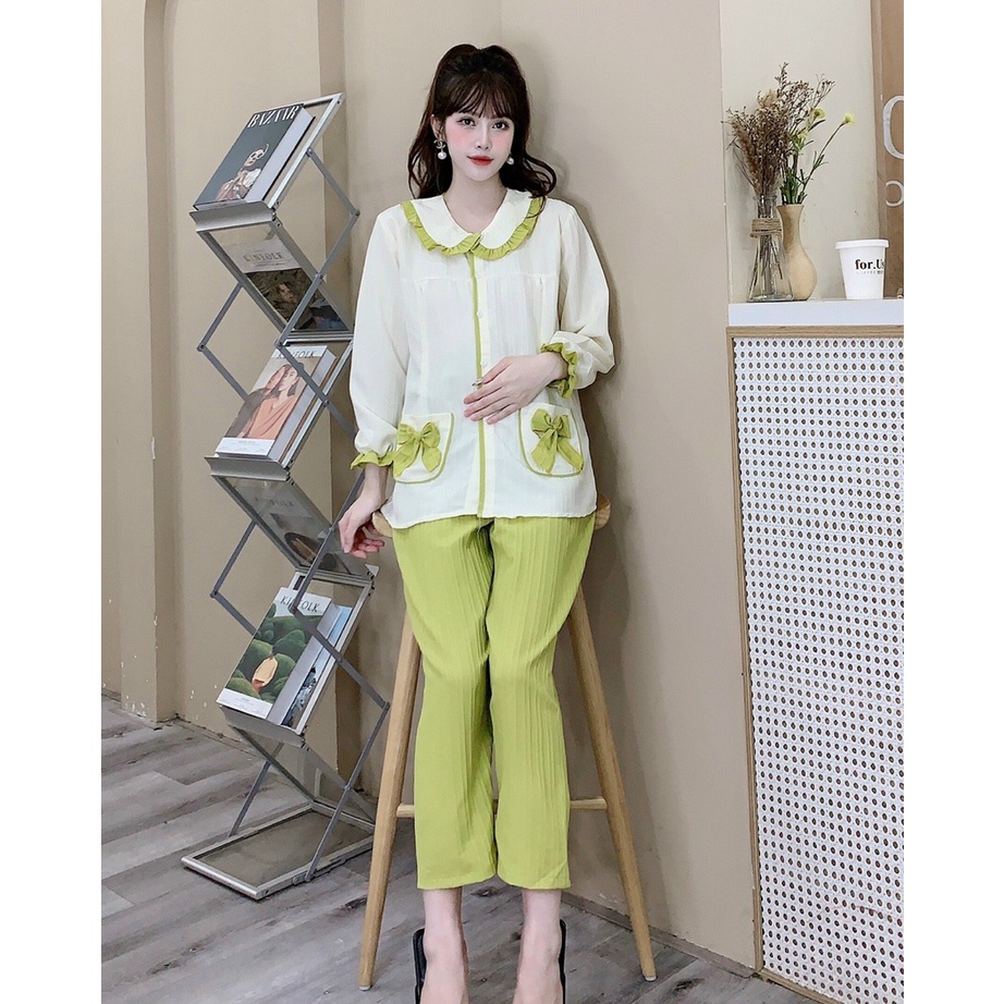 Bộ Pijama Bầu Đũi Lụa Có Cổ, Bộ Bầu Và Sau Sinh 2 Chức Năng Kết Hợp Cho Con Bú Dài Tay M603 Mom and Baby