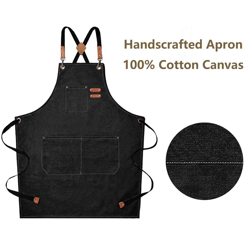 Tạp Dề Nấu Ăn Vải Cotton Canvas Dây Chéo Lưng Có Túi Lớn Có Thể Điều Chỉnh Size XXL (Đen)