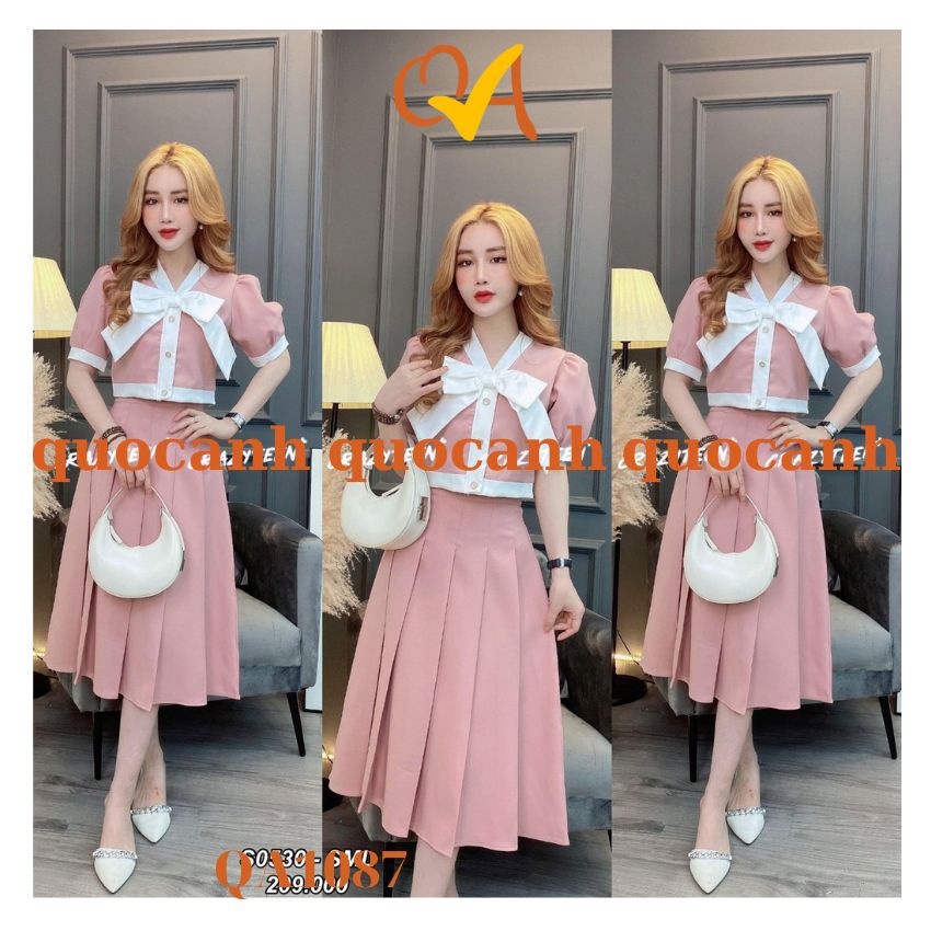 Set Váy nữ tiểu thư áo ngắn tay phồng có nơ phối chân váy thời trang nữ dạo phố, công sở, dự tiệc Quocanh