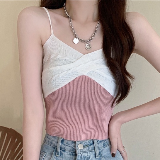 Áo Hai Dây Dáng Ngắn Màu Sắc Tương Phản Thời Trang Mùa Hè Cho Nữ