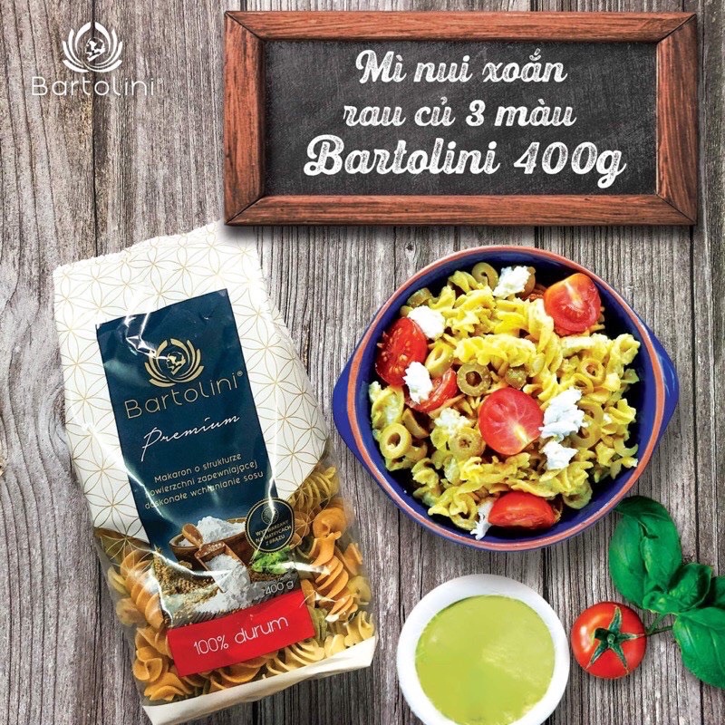 Mì nui xoắn rau củ 3 màu Bartolini 400g