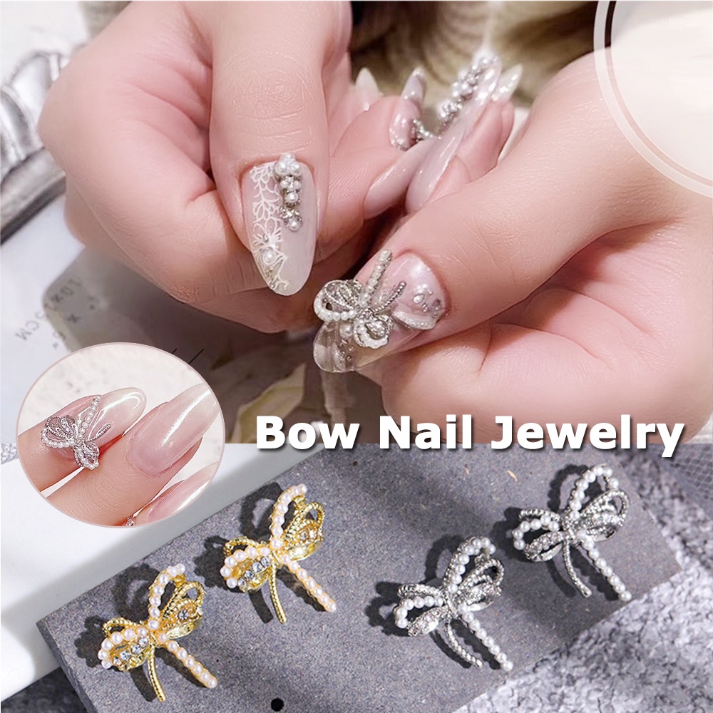 [Hàng mới về] 5 Trang sức trang trí móng tay hình nơ bằng hợp kim đính đá zircon giả nhiều màu tùy chọn