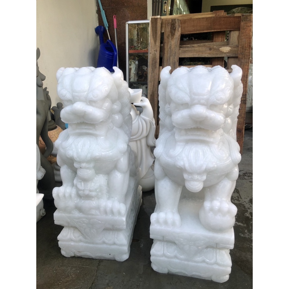 Cặp tượng Kỳ Lân phong thủy gác cổng đá trắng - Cao 70 cm