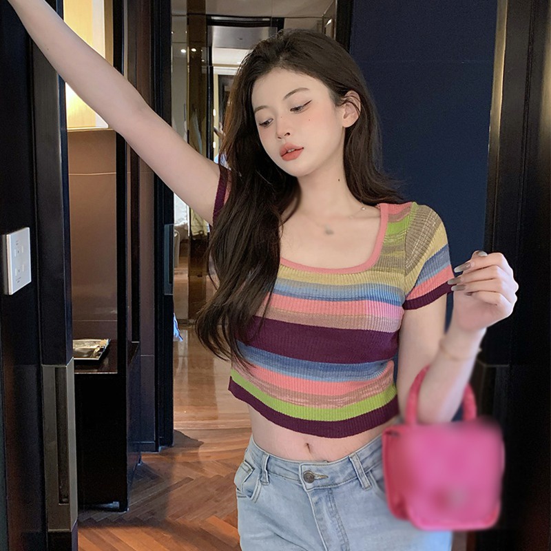 Áo Thun Croptop Dệt Kim Cổ Vuông Tay Ngắn Họa Tiết Kẻ Sọc Nhiều Màu Sắc Thời Trang Cổ Điển Thoáng Khí Cho Nữ