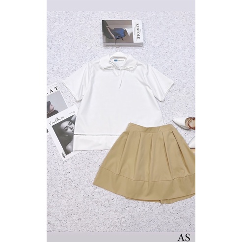 SNU385 - SET NỮ ÁO TRẮNG CỔ REN NƠ MIX CVAY NÂU