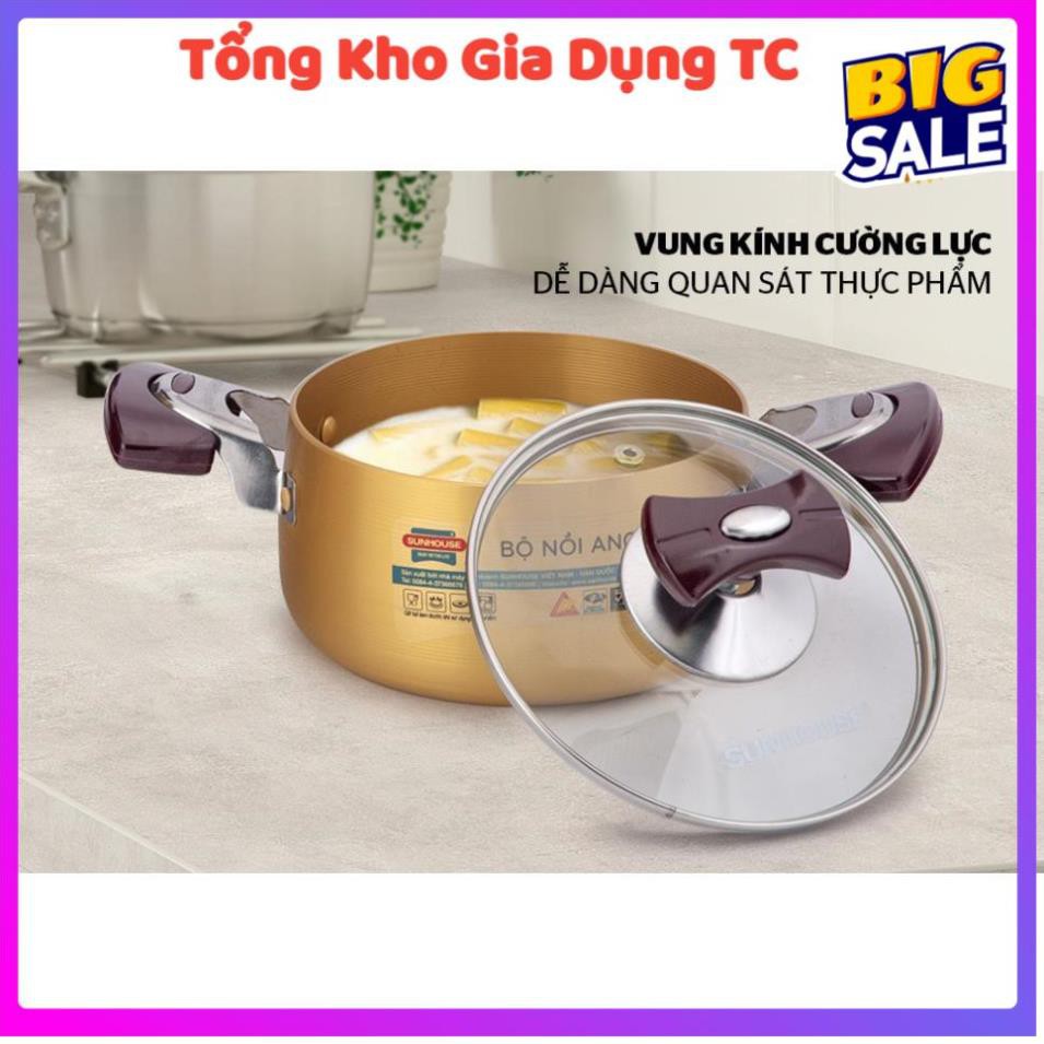 [ Size 16-20-24cm màu vàng] Bộ nồi Anod Sunhouse SH6634 chất liệu nhôm dùng bếp gas bếp hồng ngoại